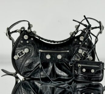 Le Cagole Small Shoulder Bag Crocodile Embossed With Rhinestones In Black