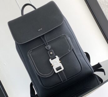 Saddle Backpack with Flap Black Grained Calfskin