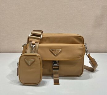 Re-Nylon And Saffiano Leather Shoulder Bag Cork Beige