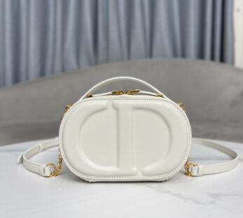 CD Signature Oval Camera Bag White Calfskin with Embossed CD Signature