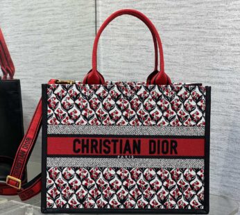 Dioramour Medium Dior Book Tote White, Black and Red Dior Lily of the Valley Embroidery with Black Calfskin