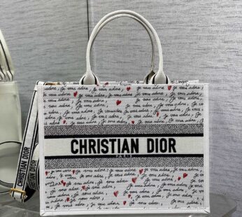 Dioramour Medium Dior Book Tote White Embroidery with Black and Red Je Vous Adore Motif and White Calfskin