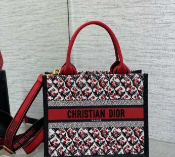 Dioramour Small Dior Book Tote White, Black and Red Dior Lily of the Valley Embroidery with Black Calfskin