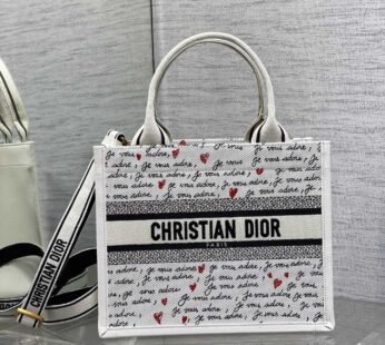 Dioramour Small Dior Book Tote White Embroidery with Black and Red Je Vous Adore Motif and White Calfskin