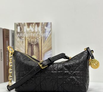 Diorstar Hobo Bag with Chain Black Macrocannage Crinkled Calfskin