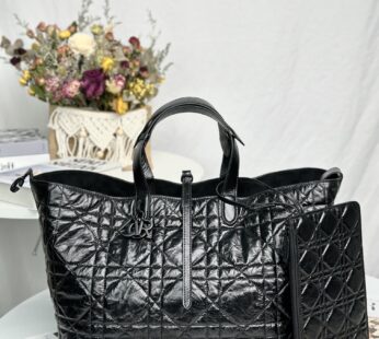 Large Dior Toujours Bag Black Macrocannage Crinkled Calfskin