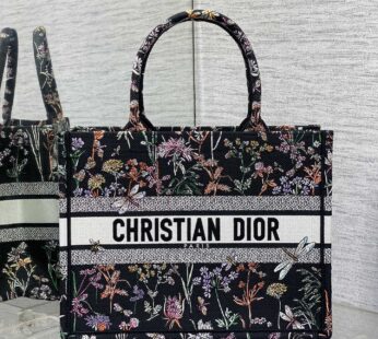 Medium Dior Book Tote Black Multicolor Dior Herbarium Embroidery