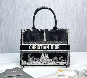 Medium Dior Book Tote Black and White Paris Embroidery