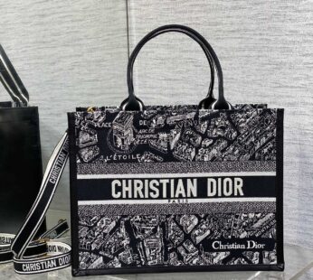 Medium Dior Book Tote Black and White Plan de Paris Embroidery with Black Calfskin