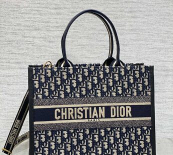 Medium Dior Book Tote Blue Dior Oblique Embroidery and Calfskin