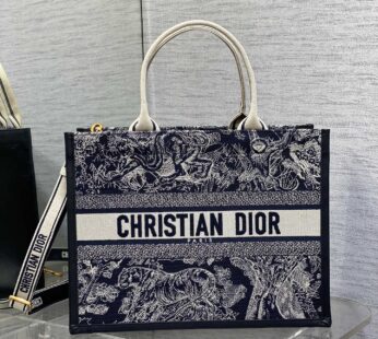 Medium Dior Book Tote Blue and Ecru Toile de Jouy Reverse Embroidery with Blue Calfskin