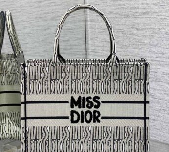 Medium Dior Book Tote White and Black Miss Dior Allover Embroidery