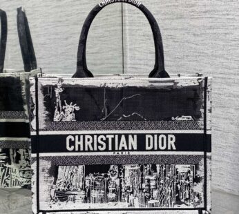 Medium Dior Book Tote White and Black New York Embroidery