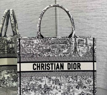 Medium Dior Book Tote White and Black Paris Allover Embroidery