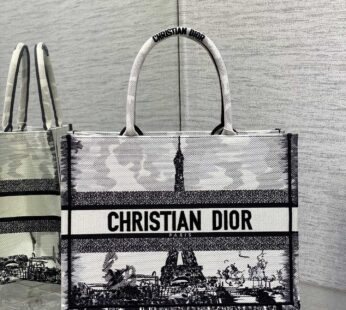 Medium Dior Book Tote White and Black Paris Embroidery