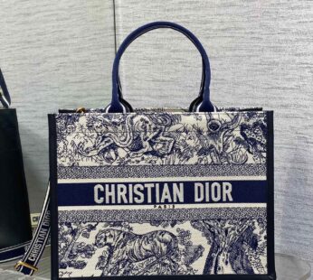 Medium Dior Book Tote White and Navy Blue Toile de Jouy Sauvage Embroidery with Navy Blue Calfskin