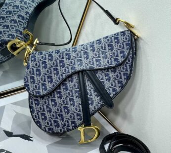 Saddle Bag with Strap Blue Denim Dior Oblique Jacquard