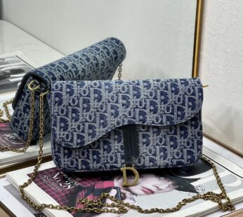 Saddle Pouch with Chain Blue Denim Dior Oblique Jacquard