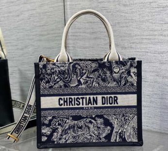 Small Dior Book Tote Blue and Ecru Toile de Jouy Reverse Embroidery and Blue Calfskin