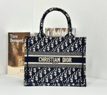 Small Dior Book Tote Ecru and Blue Dior Oblique Embroidery