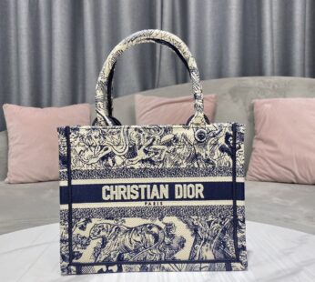 Small Dior Book Tote Ecru and Blue Toile de Jouy Embroidery