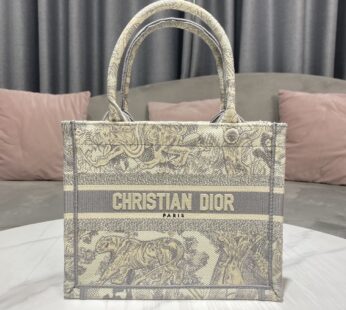 Small Dior Book Tote Ecru and Gray Toile de Jouy Embroidery