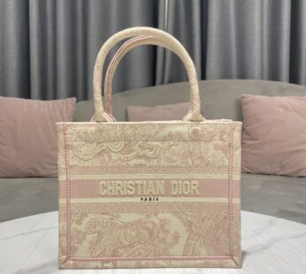 Small Dior Book Tote Ecru and Pink Toile de Jouy Embroidery