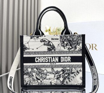 Small Dior Book Tote Latte and Black Dior Zodiac Embroidery with Black Calfskin