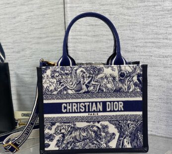 Small Dior Book Tote White and Navy Blue Toile de Jouy Sauvage Embroidery with Navy Blue Calfskin