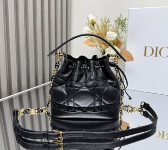 Small Dior Jolie Bucket Bag Black Macrocannage Lambskin and Calfskin