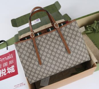 GG Emblem Medium Tote Bag Beige And Dark Brown New GG Monogram Coated Canvas