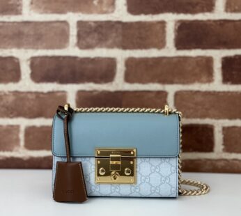 Padlock Small Shoulder Bag Dusty Blue Leather And GG Supreme Canvas