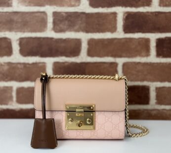 Padlock Small Shoulder Bag Dusty Pink Leather And GG Supreme Canvas