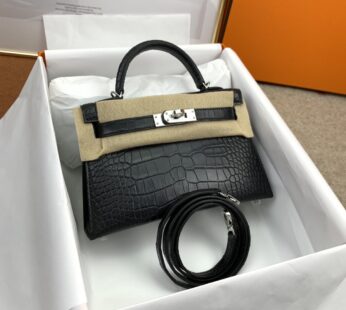 Kelly Mini Crocodile Matte Alligator Black Silver Hardware