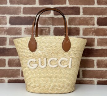 Medium Straw Tote With Gucci Patch Natural Wheat Straw