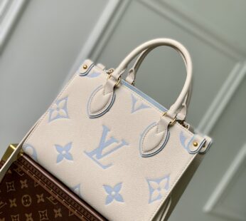 OnTheGo PM Bicolor Monogram Empreinte Leather Latte/Candy Blue Tote Bag