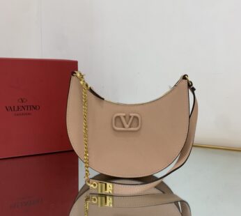 Garavani Mini Vlogo Signature Grainy Calfskin Hobo Bag Rose Cannelle