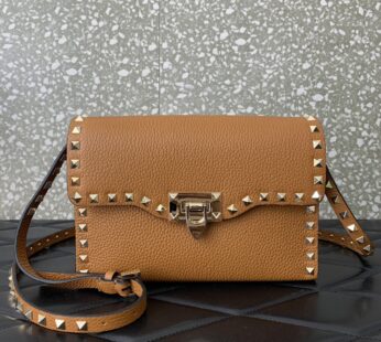 Garavani Small Rockstud Grainy Calfskin Crossbody Bag Almond