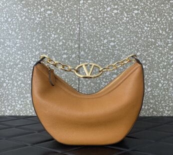 Garavani Small Vlogo Moon Hobo Bag In Grainy Calfskin With Chain Almond