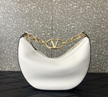 Garavani Small Vlogo Moon Hobo Bag In Grainy Calfskin With Chain Ivory